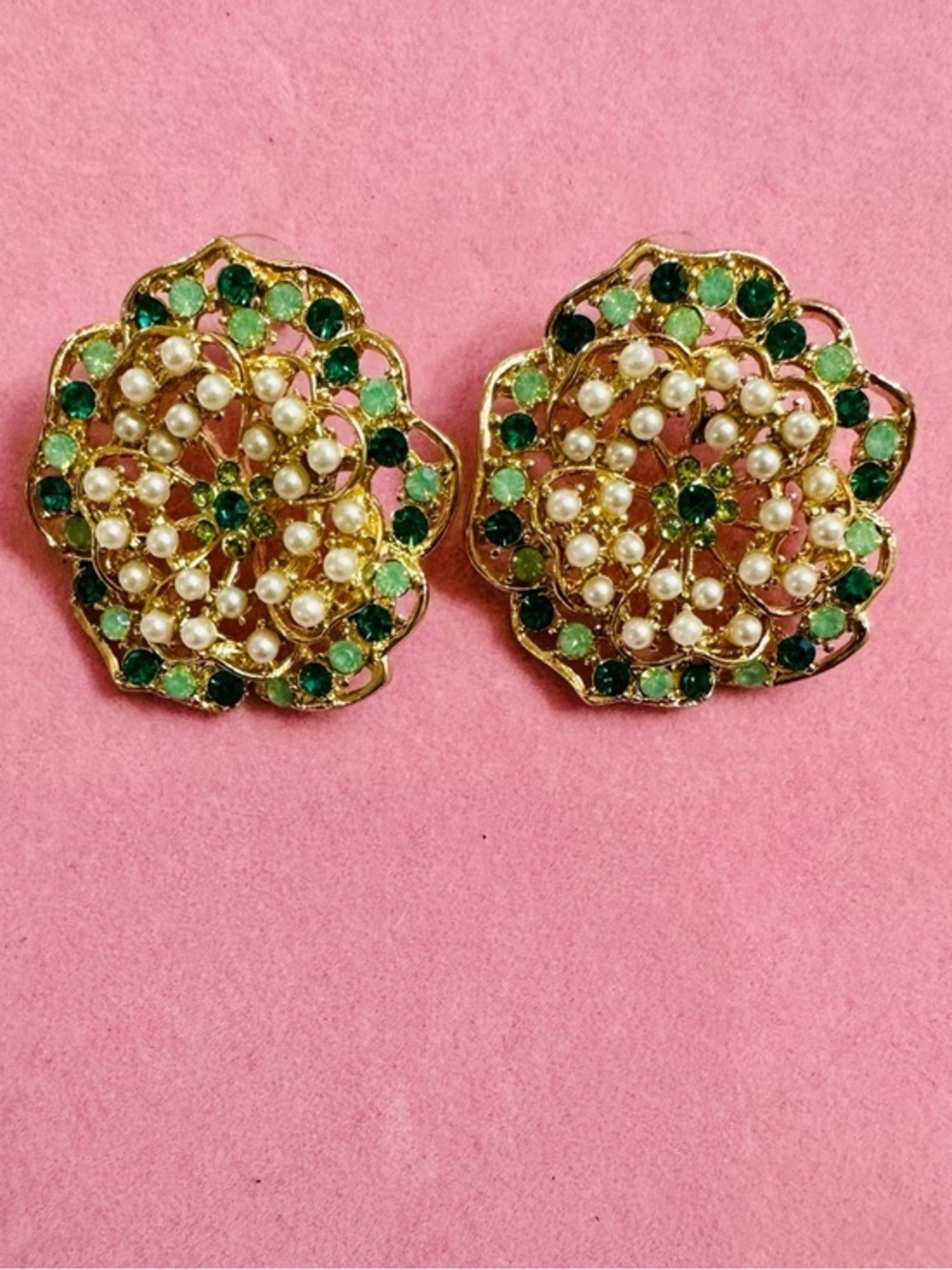 Green Rhinestone Pearl Flower Earrings